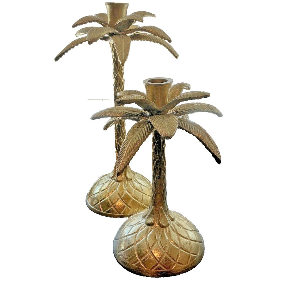 Vintage Brass Bombay Tropical Palm Tree Candle Stick Pair 5"Base, 9.5" & 13"Tall